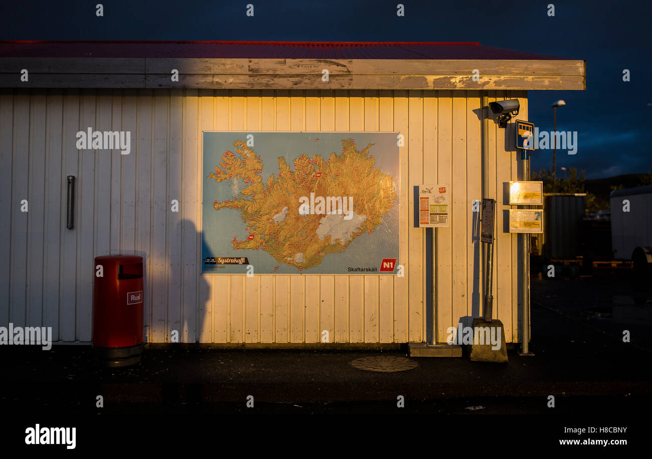 A map of Iceland is seen on a petrol station wall in