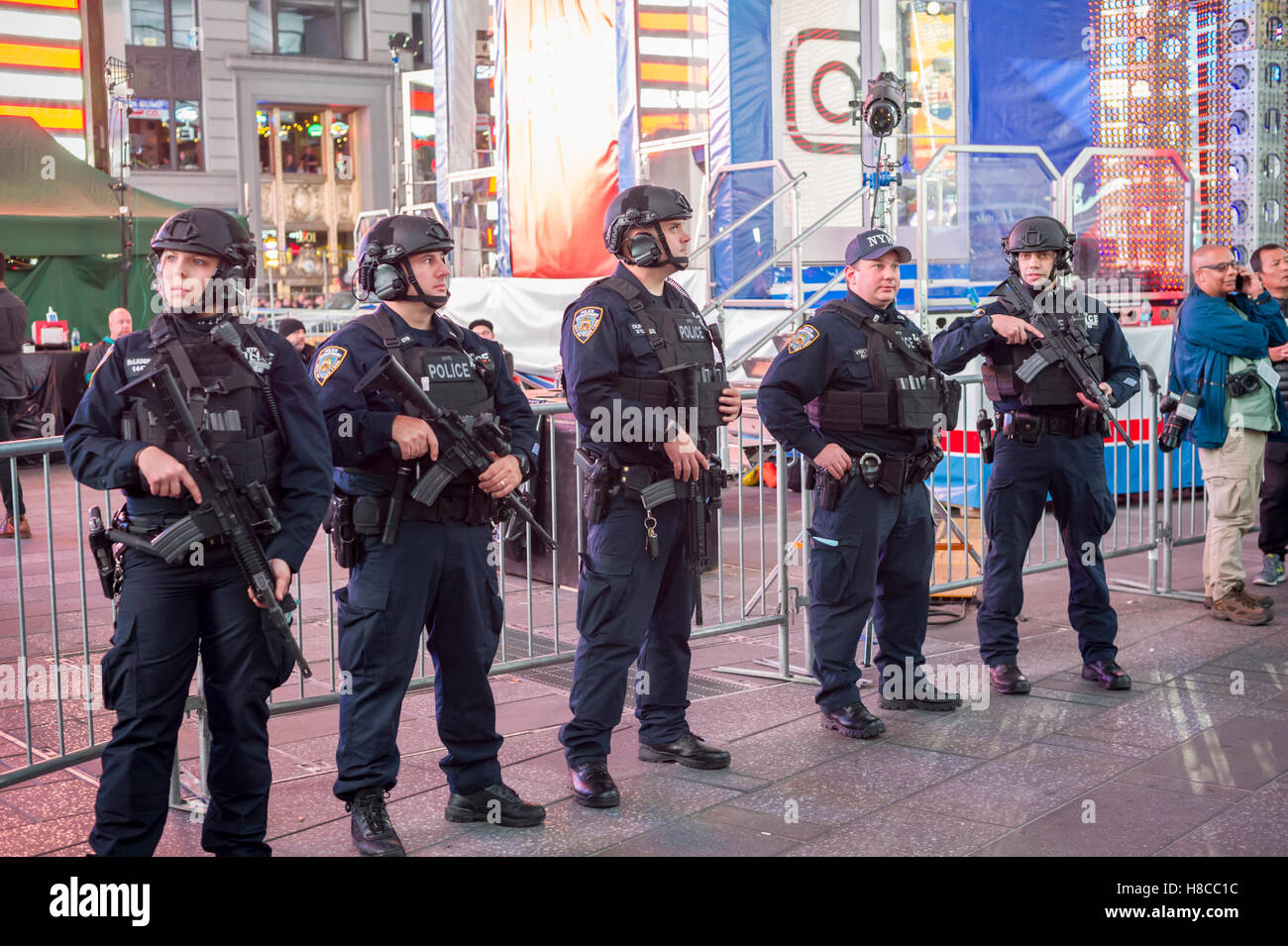 NYPD counterterrorism officers at their post in Times Square on Election night, Tuesday, November 8, 2016.(© Richard B. Levine) Stock Photo