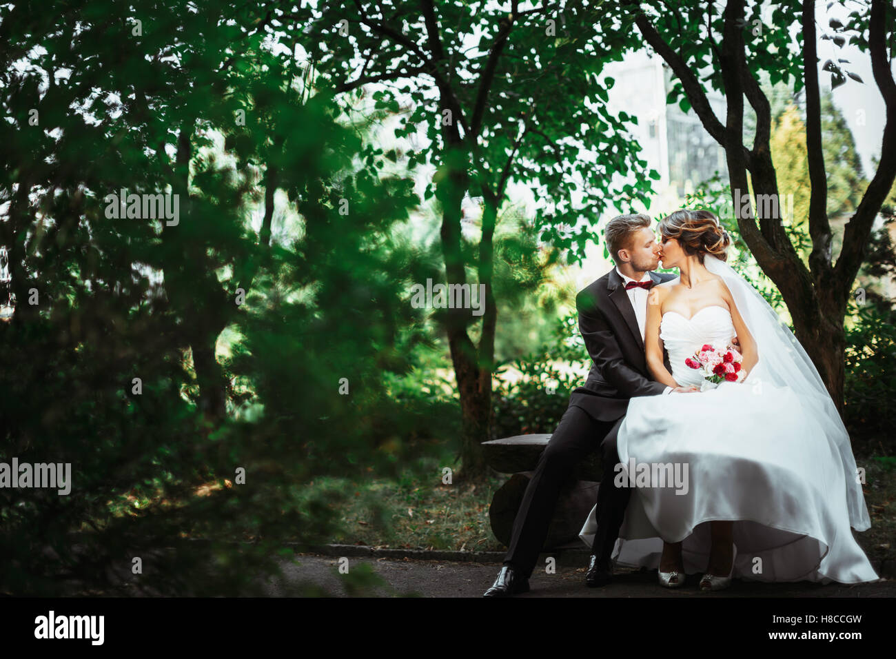 Bride and groom kissing in park Stock Photo - Alamy