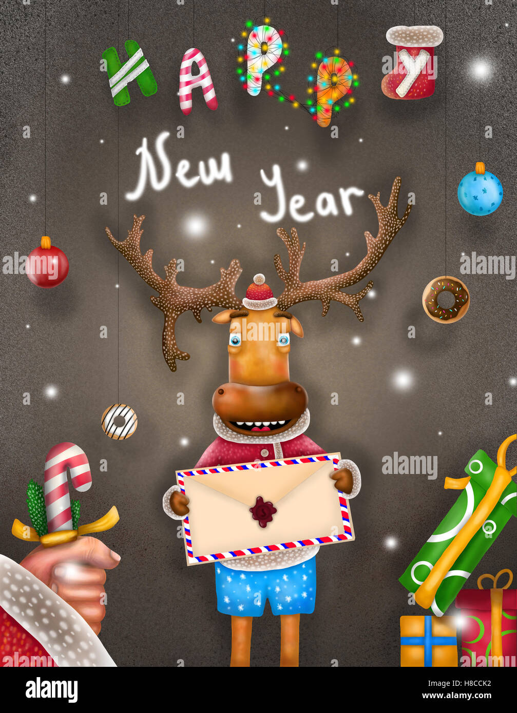 The deer with the letter, sweets and gifts from Santa Claus on a brown ...