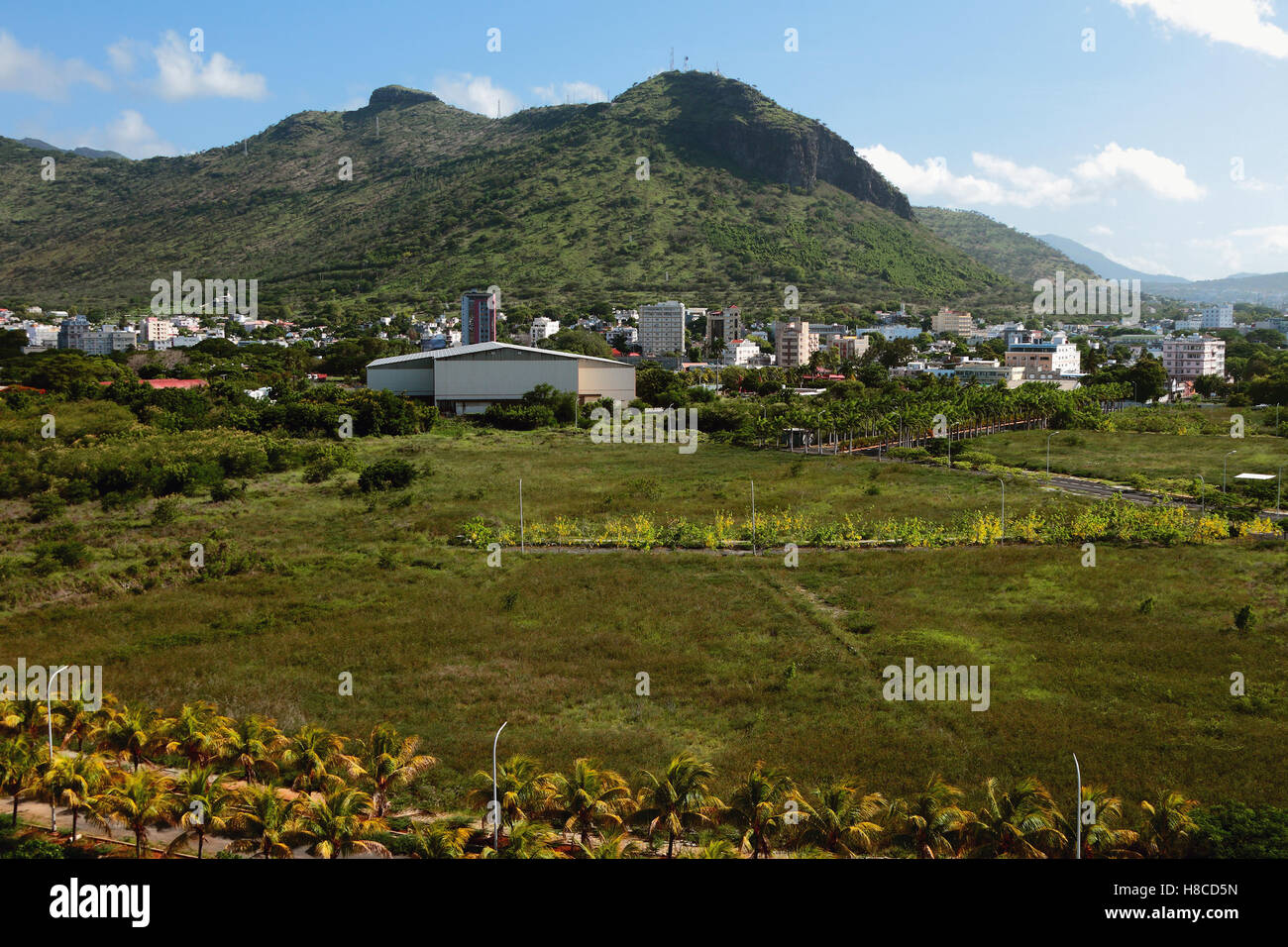 City suburbs at mountain foot. Port Louis, Mauritius Stock Photo