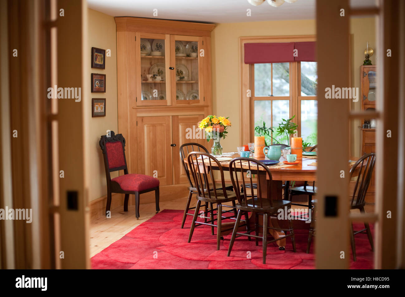 Dining room with set table, Inn at Gothic Eves, Trumansburg, New York, USA. Stock Photo