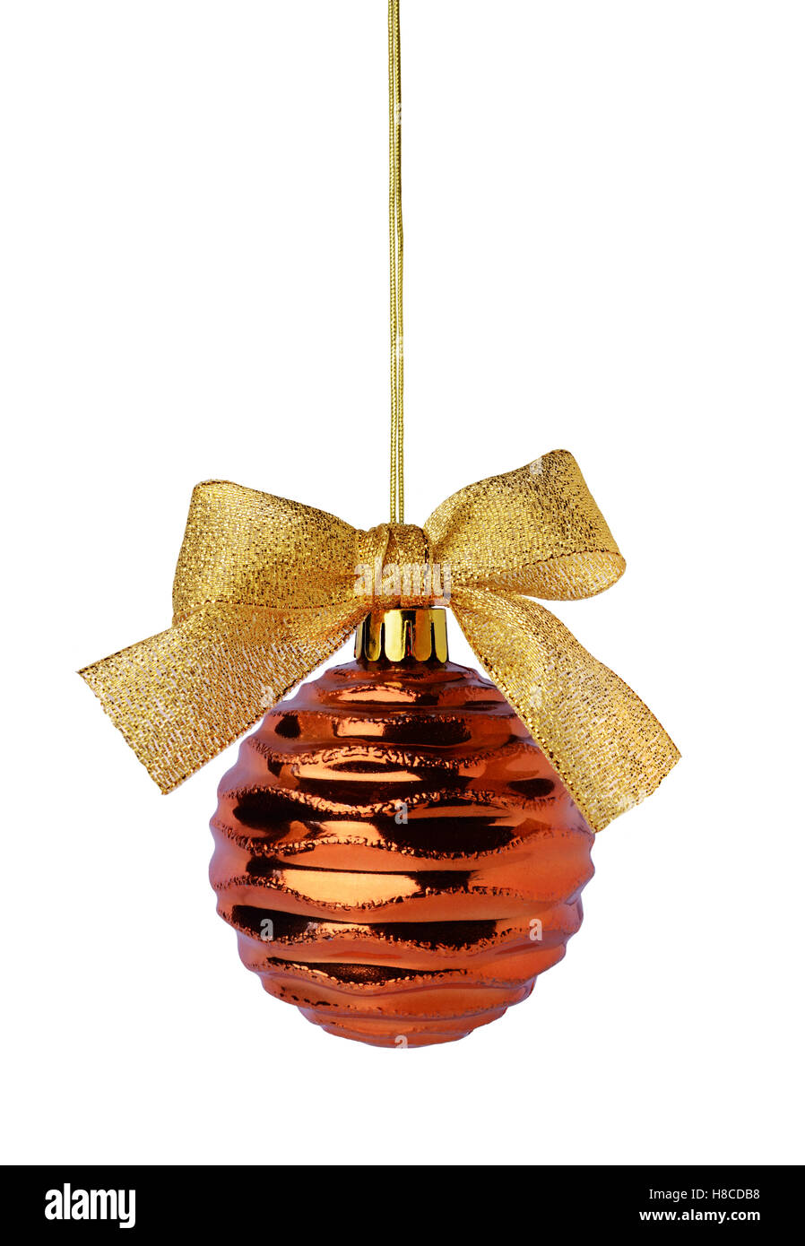 Hanging golden Christmas ball with ribbon bow isolated on white ...
