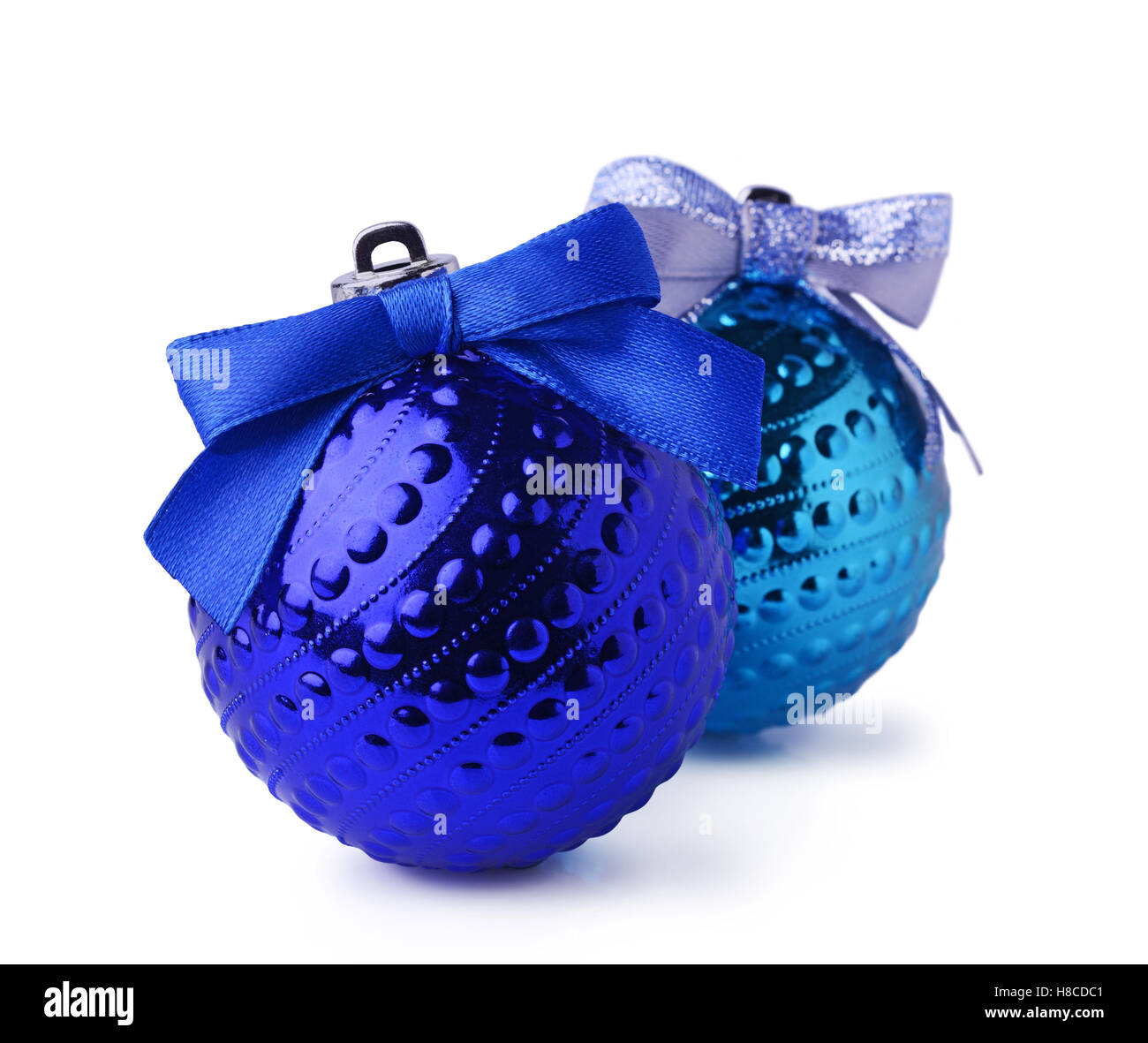 Blue Christmas balls with ribbon bows isolated on white background ...