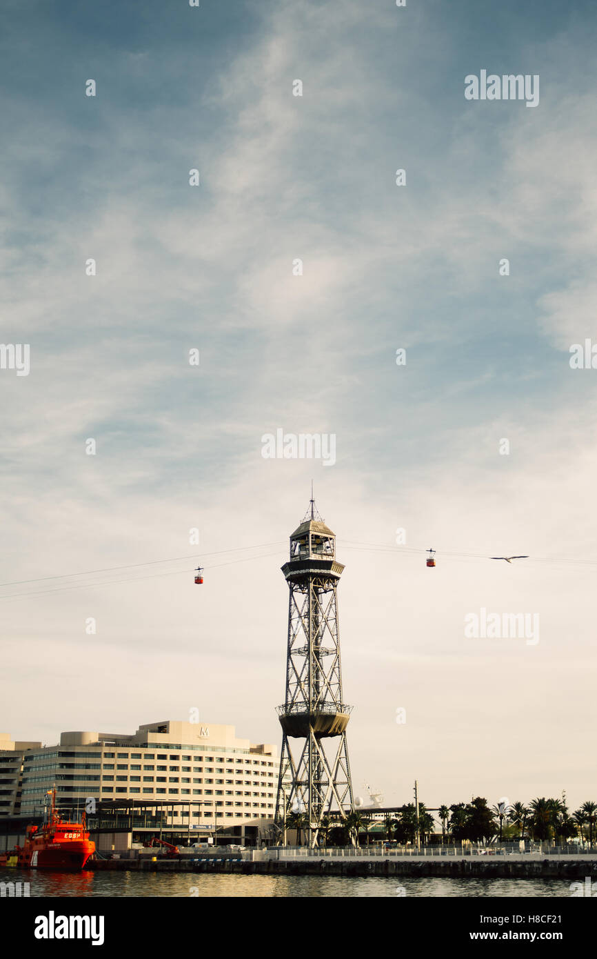 A tower of the Montjuïc cable car in the port of Barcelona, Spain Stock ...