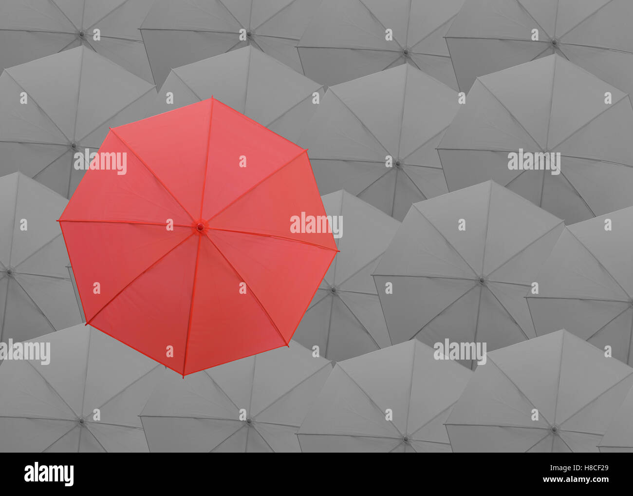 Red umbrella on the top of gray umbrellas background in concept of