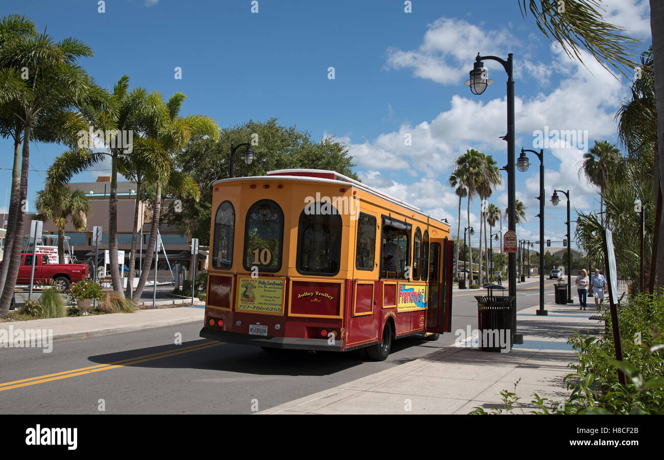 Tarpon Springs Florida USA The Jolley Trolley at a bus stop Stock Photo