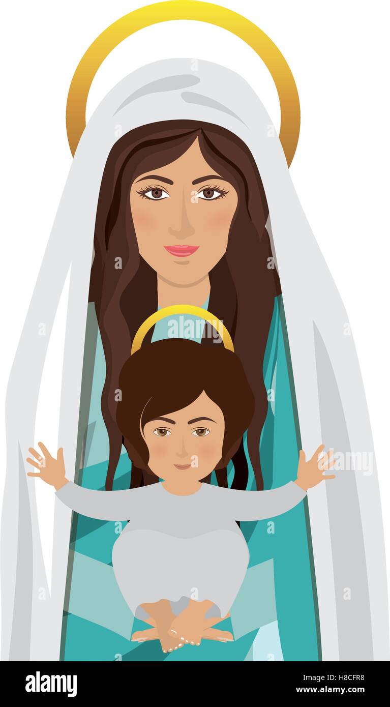 Cartoon Virgin Mary With Baby Jesus In Her Arms Over White Background