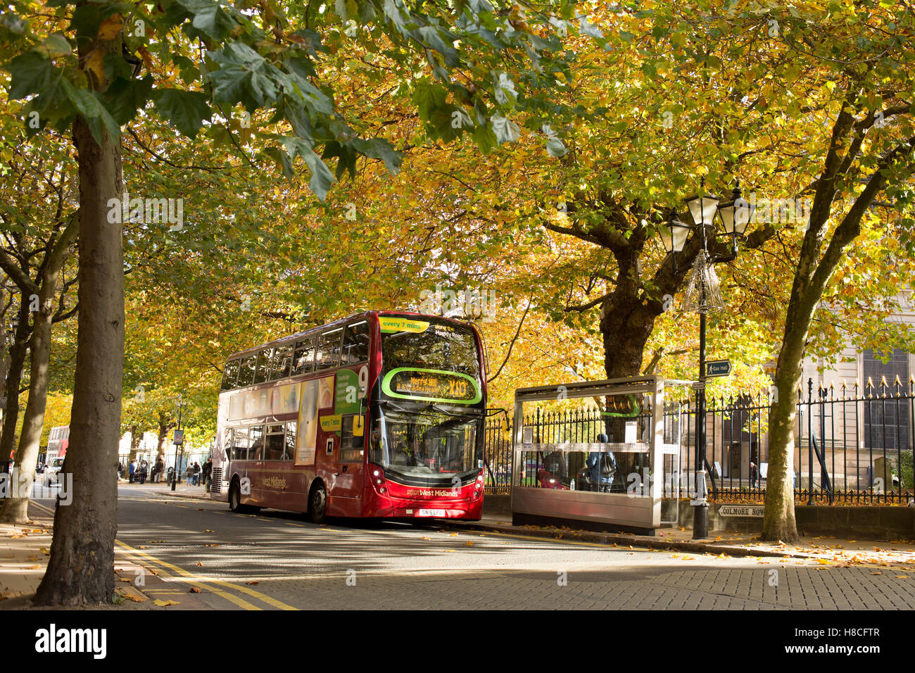 A National Express West Midlands number 9 bus leaving the stand on Colmore Row Birmingham near the Cathedral. Stock Photo