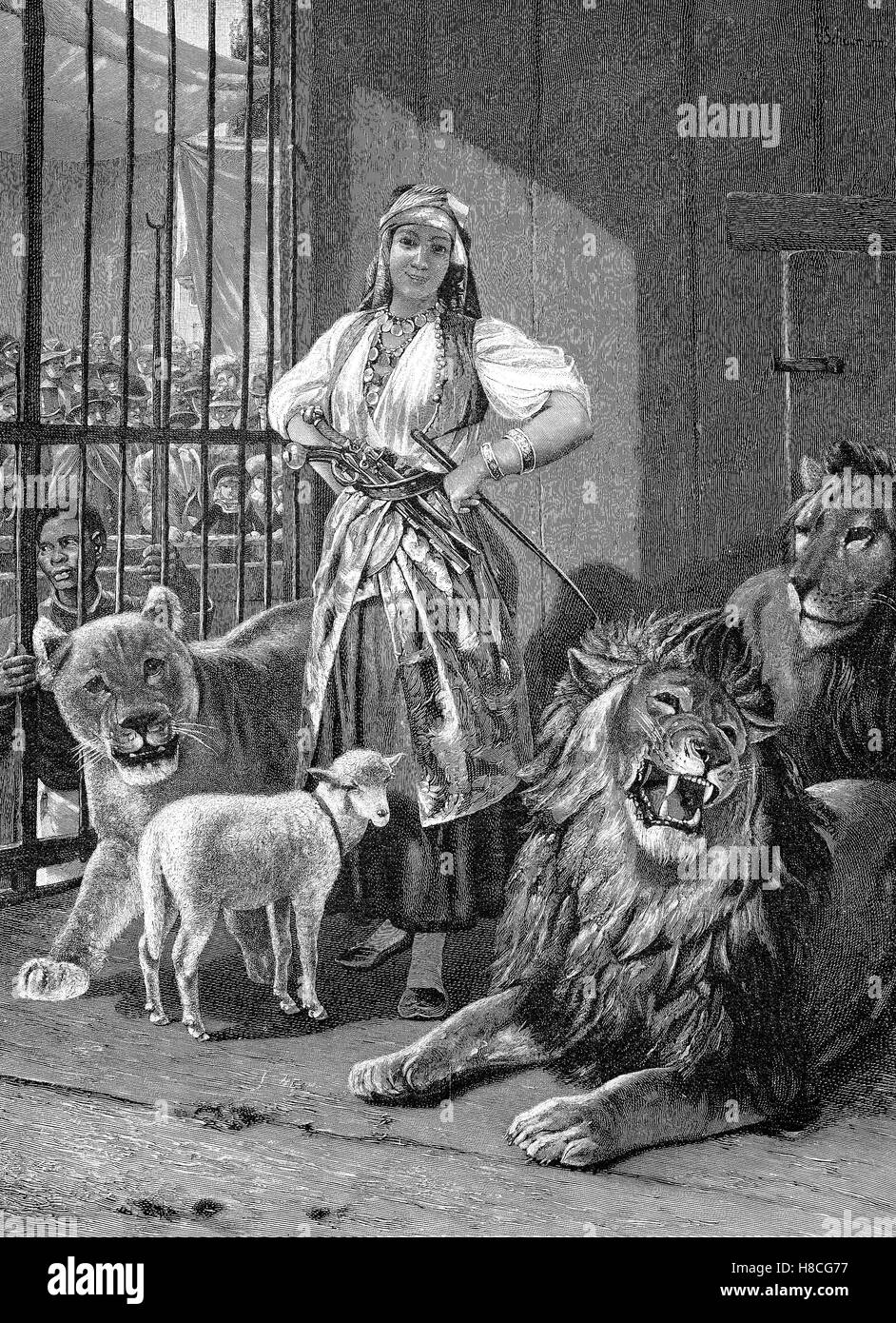 Circus lion tamer in the lion's den, Woodcut from 1892 Stock Photo - Alamy Circus lion tamer in the lion's den, Woodcut from 1892 Stock Photo - Alamy