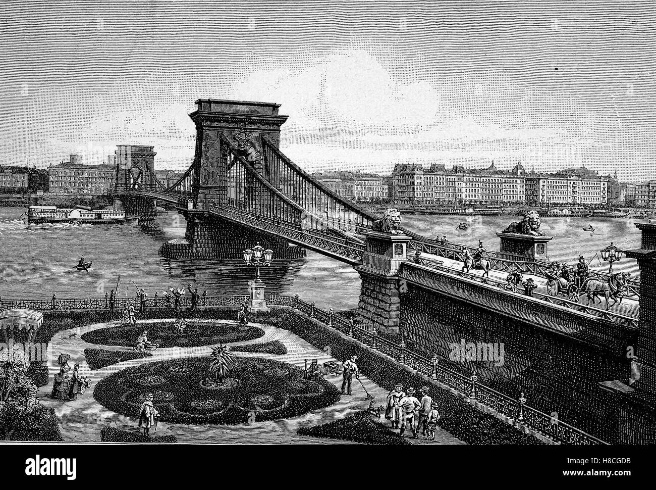 the chainbridge of Budapest, Hungary, Woodcut from 1892 Stock Photo
