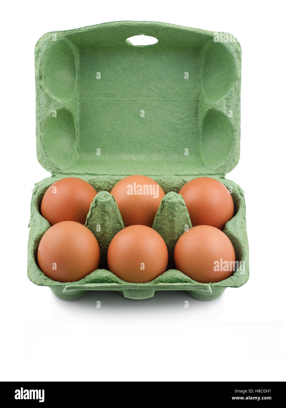 Top view of green eco six egg cardboard open packaging isolated on white background Stock Photo