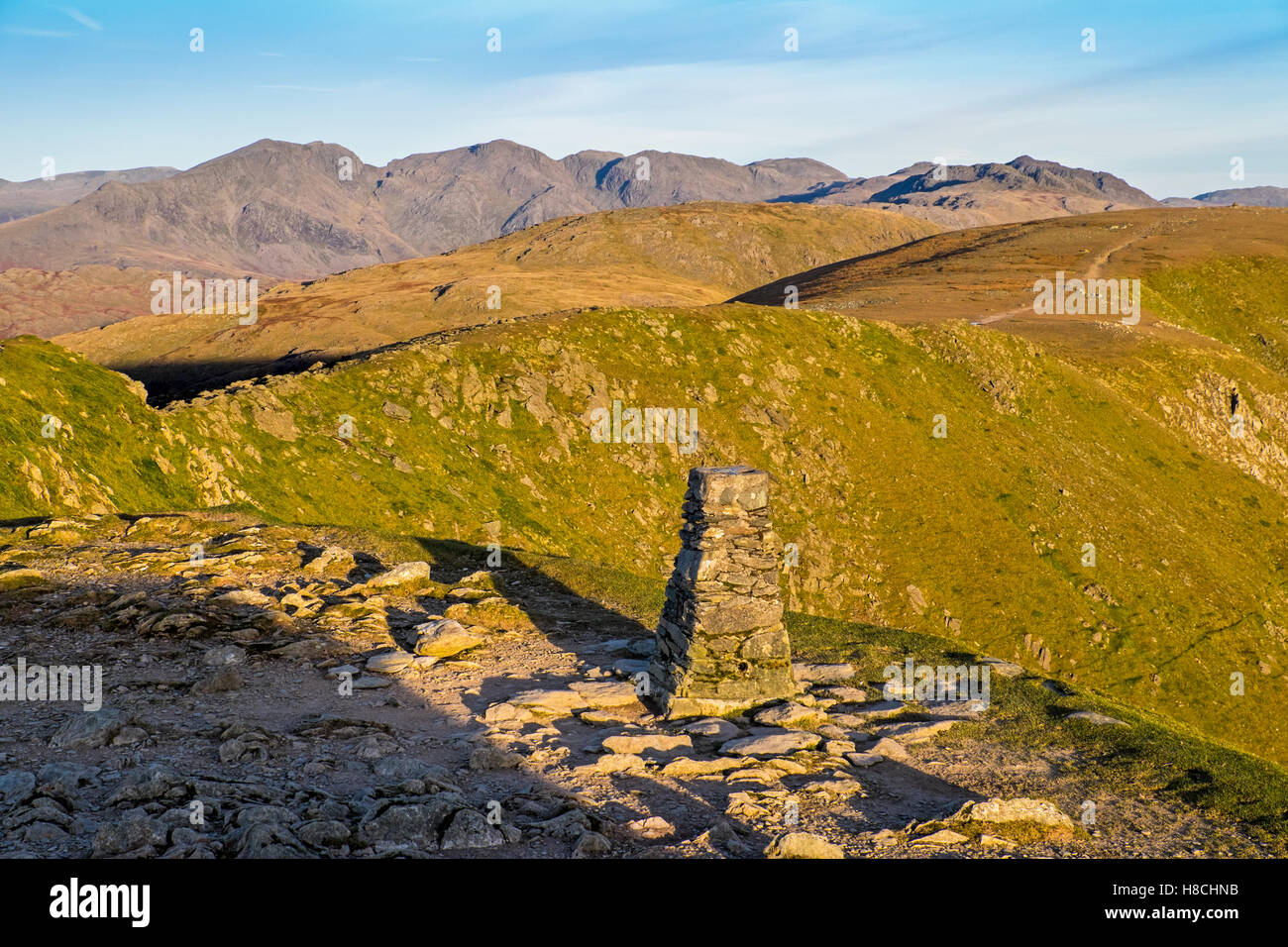 Looking towards Scafell from Conniston Old Man, Lake District National Park Stock Photo