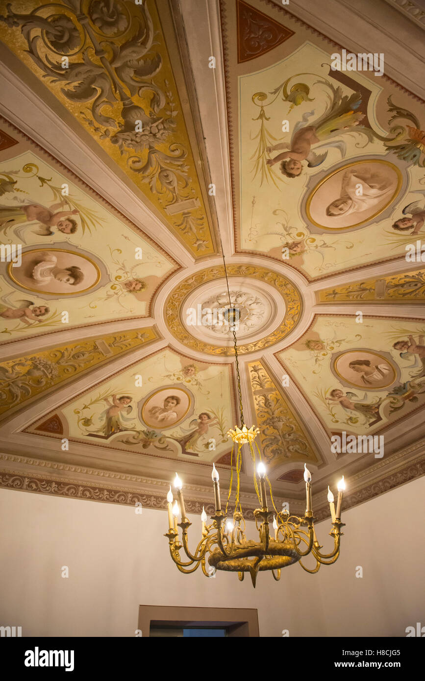 Interior of a Tuscan Villa with trompe l'oeil painted ceilings and walls in Italy Stock Photo
