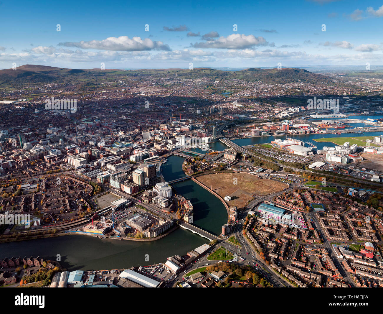 Aerial of Belfast City Center, Northern Ireland Stock Photo