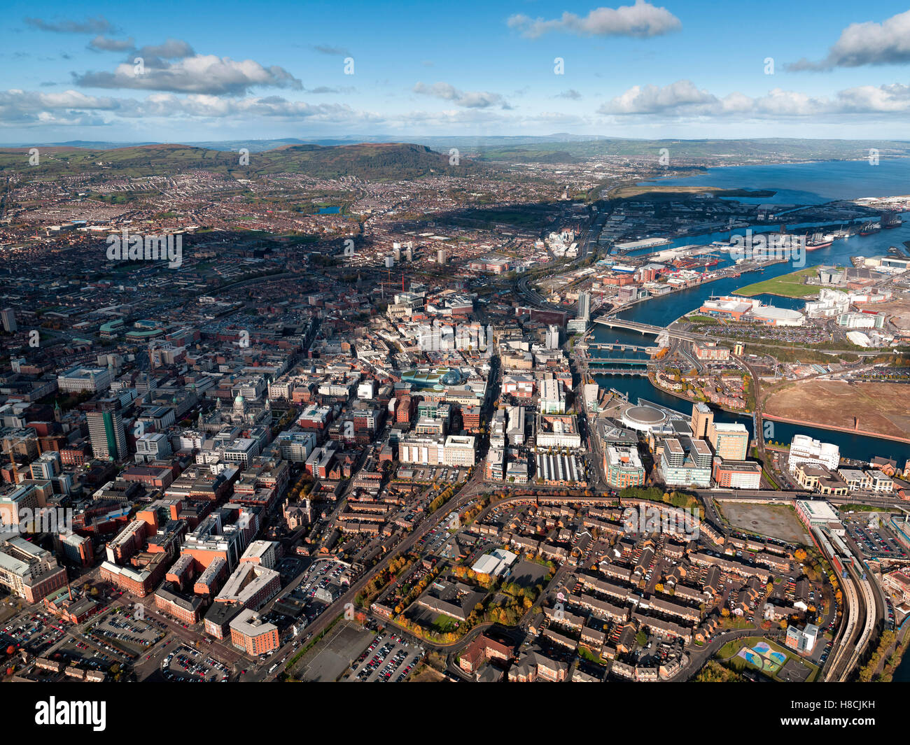 Aerial of Belfast City Center, Northern Ireland Stock Photo