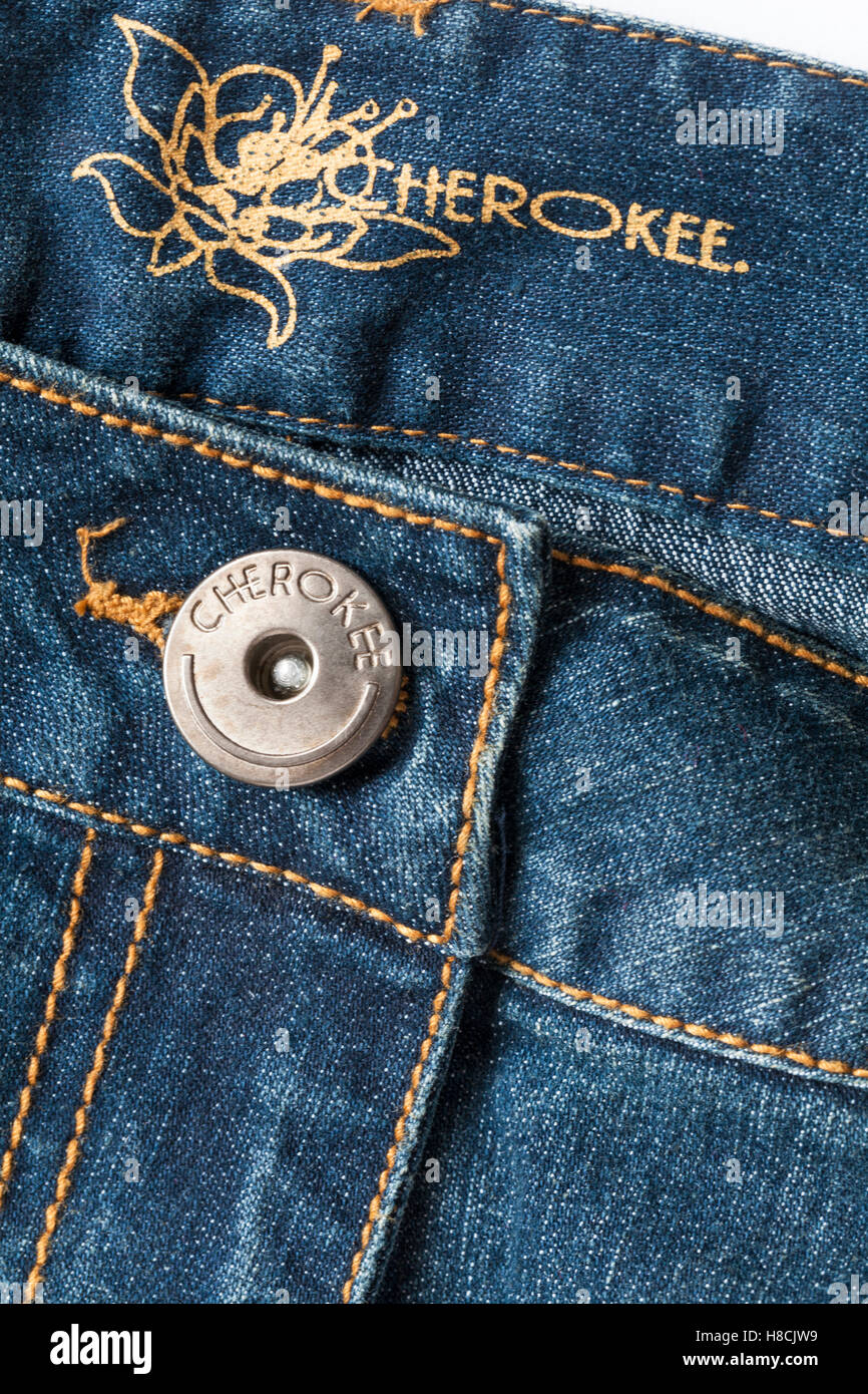Cherokee button and logo stamped in denim jeans Stock Photo Alamy