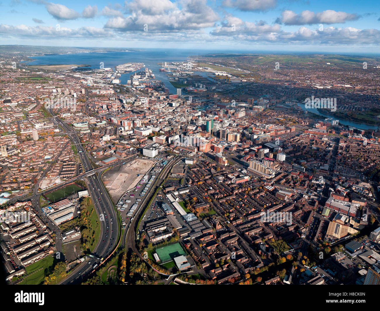 Aerial of Belfast City Center, Northern Ireland Stock Photo