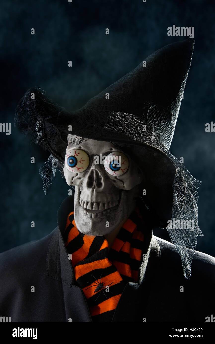 Skull wearing witches hat for Halloween Stock Photo