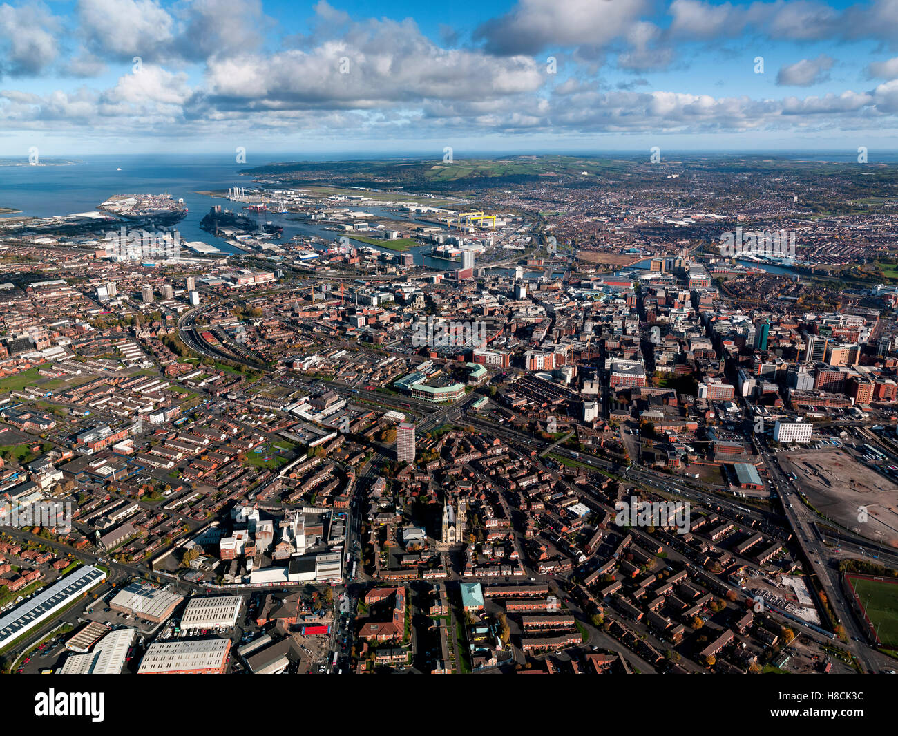 Aerial of Belfast City Center, Northern Ireland Stock Photo