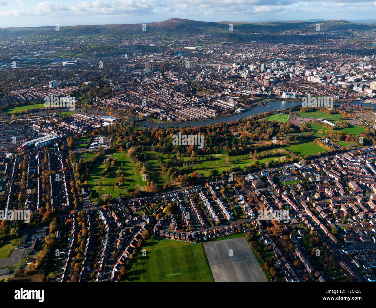 Aerial of Belfast City Center, Northern Ireland Stock Photo