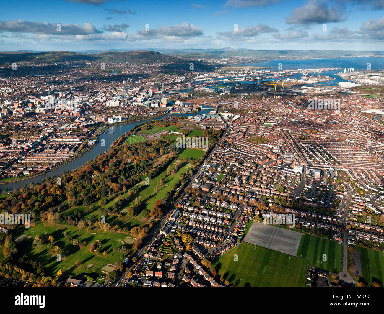 Aerial of Belfast City Center, Northern Ireland Stock Photo