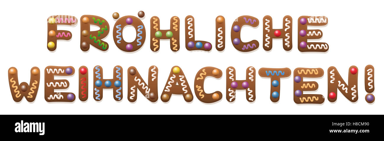 Happy Christmas in german - Fröhliche Weihnachten - written with gingerbread cookie letters. Stock Photo