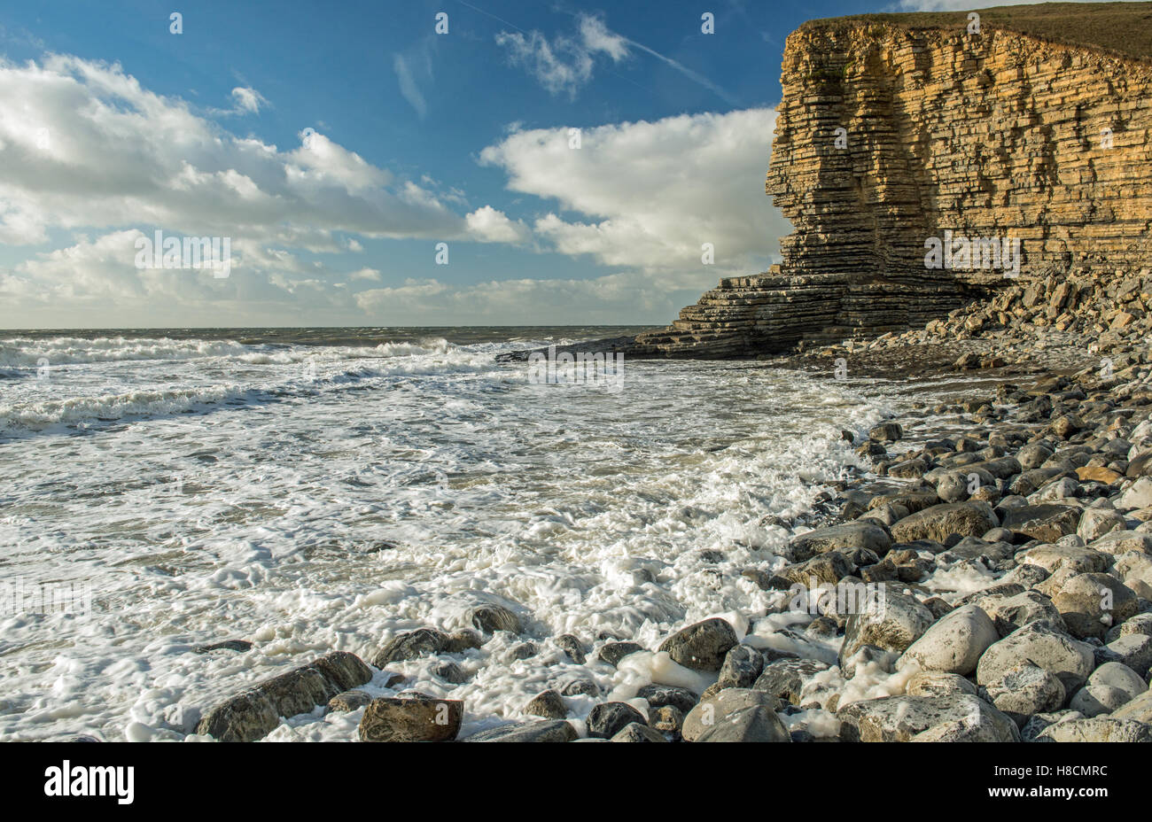 Nash Point beach at high tide on the Glamorgan Heritage Coast, south Wales on a sunny autumn day Stock Photo
