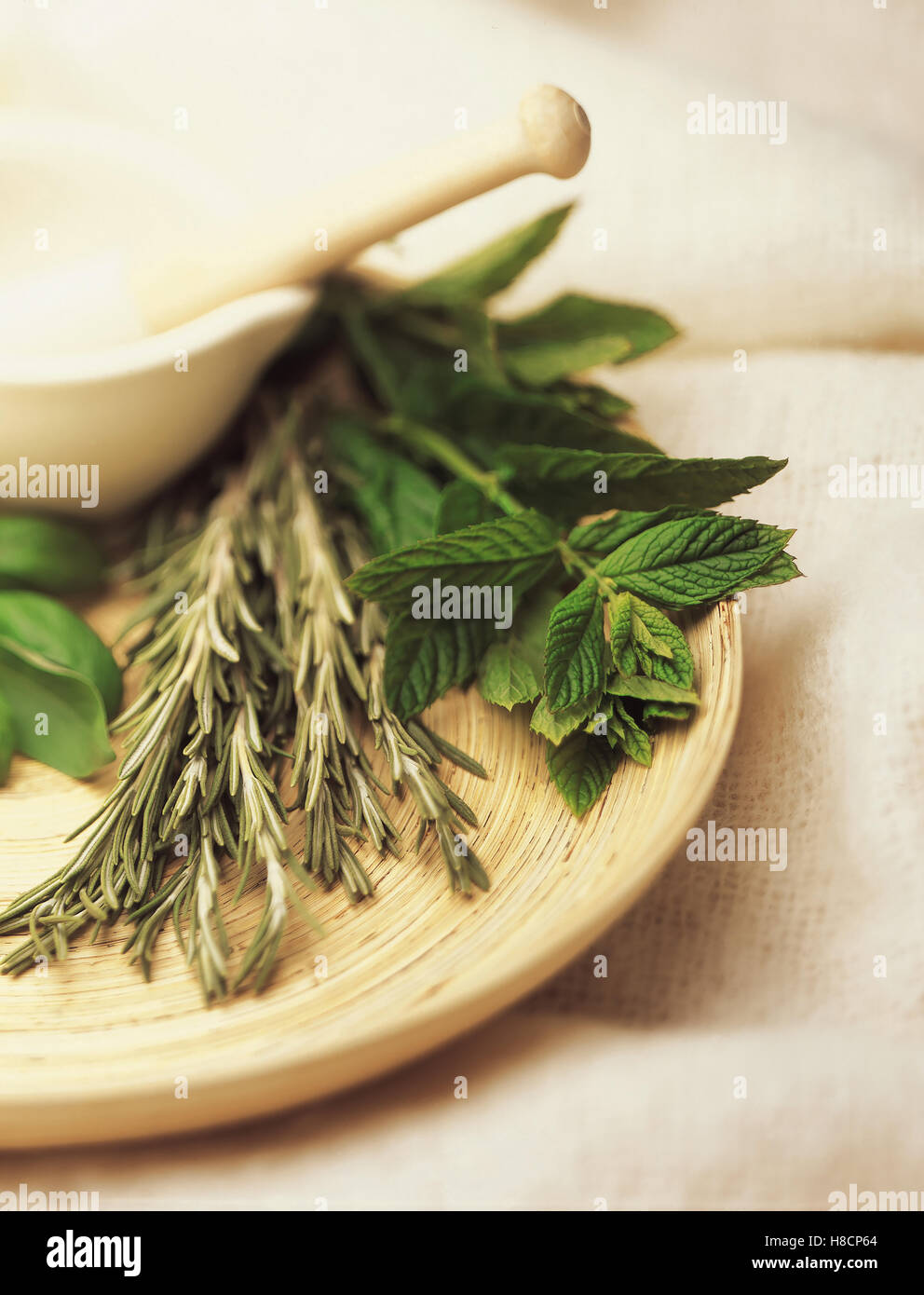 Pestle and Mortar with herbs Stock Photo