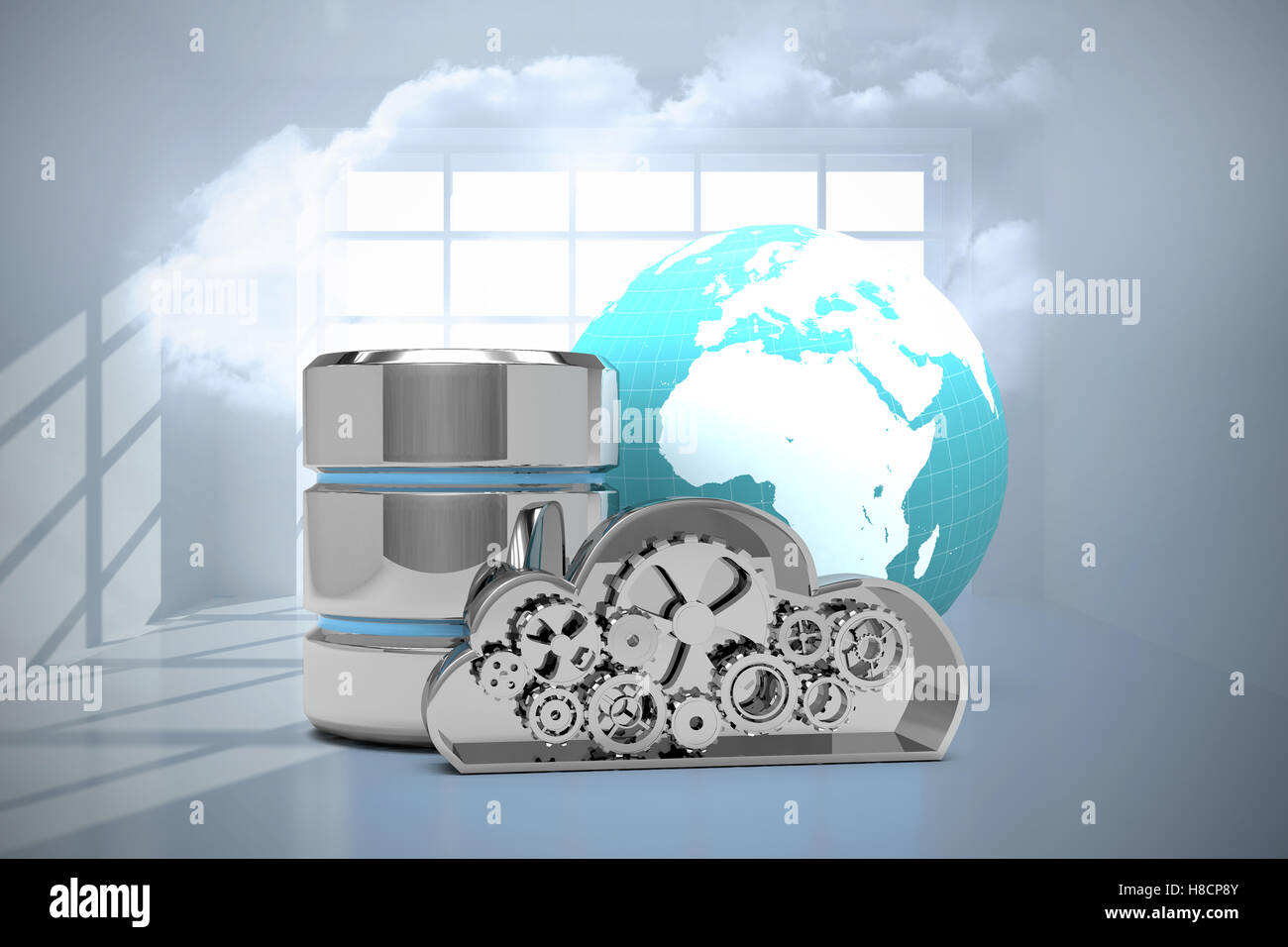 Composite image of database server icon with metallic cloud and earth ...