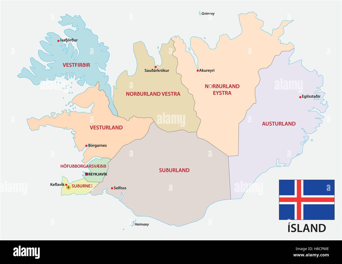 Iceland Administrative And Political Map With Flag Stock Vector Image