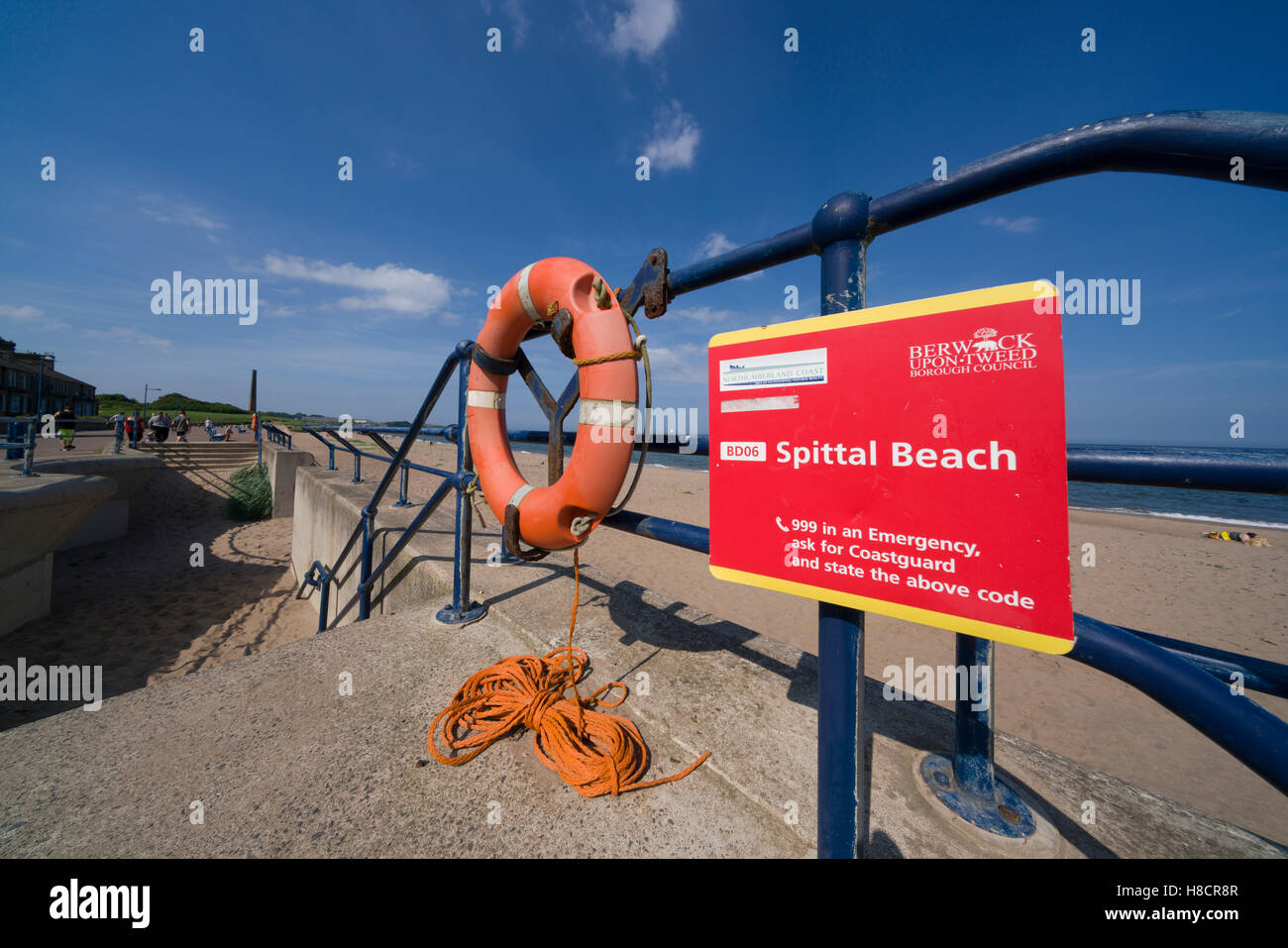 Life ring and warning signs, Spittal Beach, Northumberland. Stock Photo