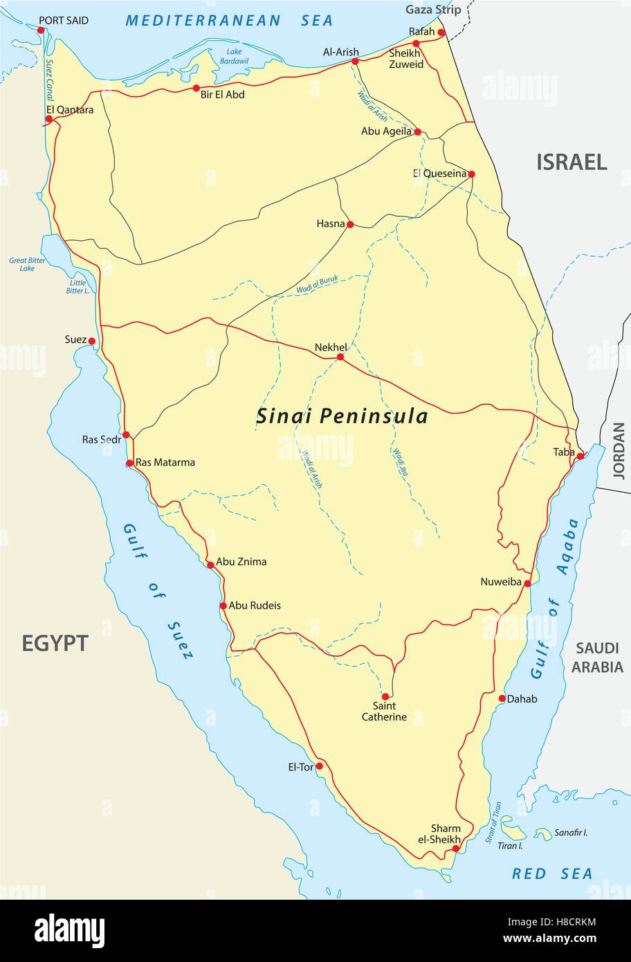 sinai peninsula road map Stock Vector