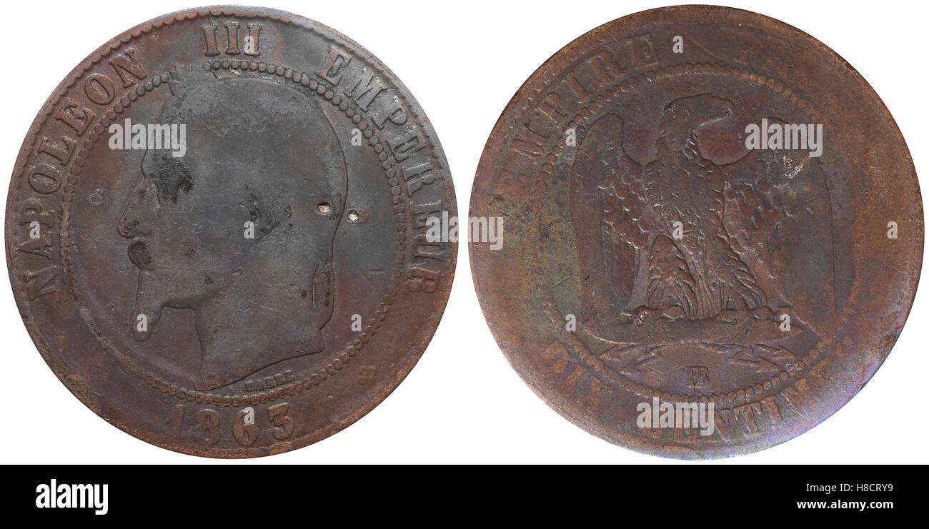 Ten Centimes coin used in 19th century France, with a portrait of Napoleon. Stock Photo