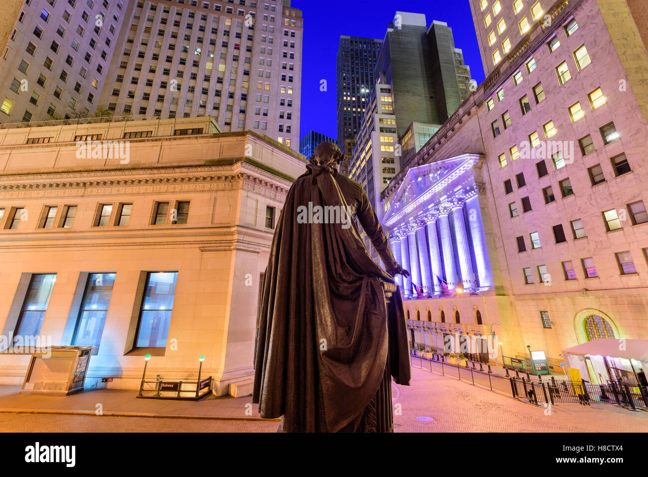 New York City cityscape at Wall Street from Federal Hall. Stock Photo