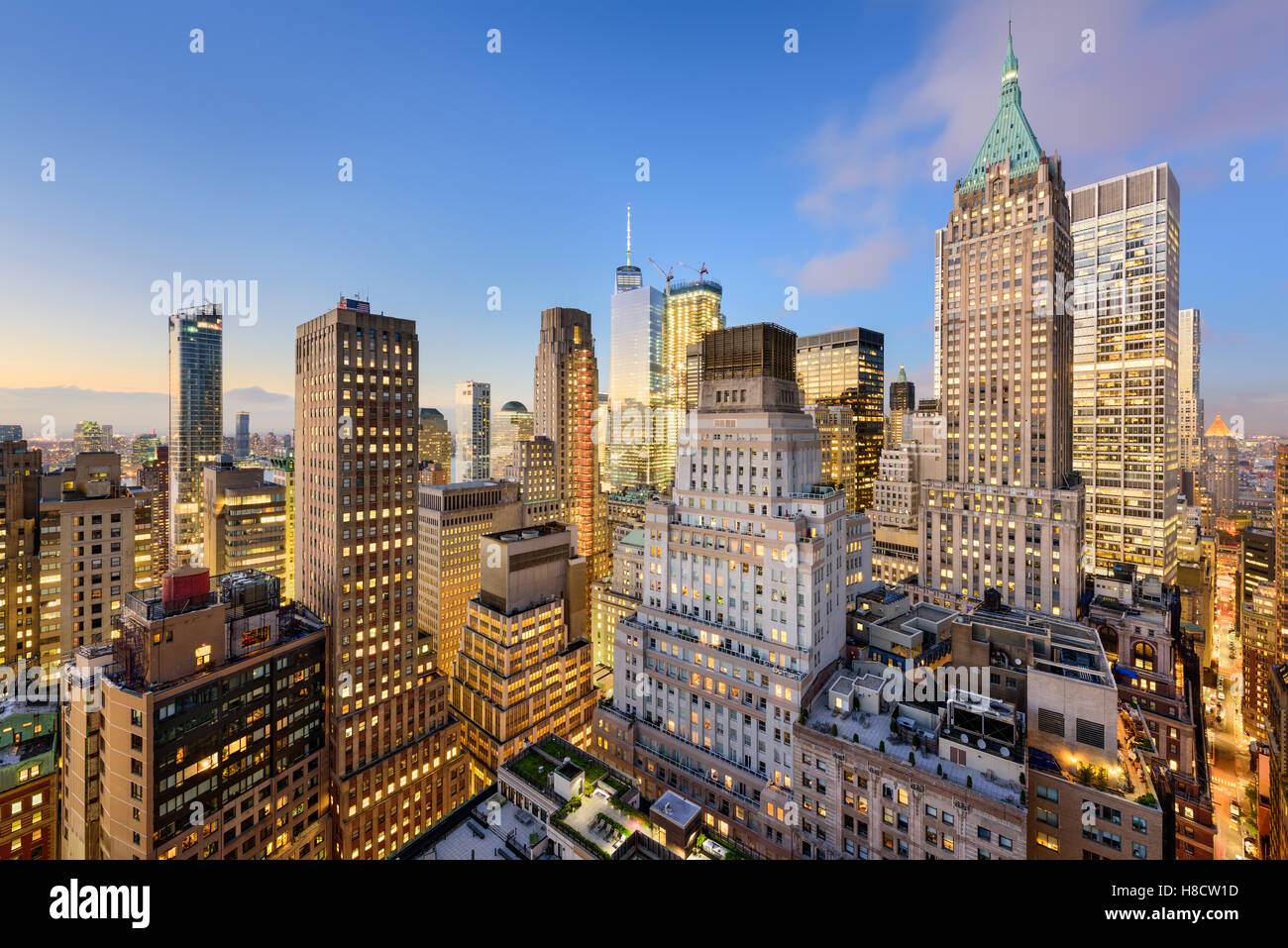 New York City Financial District cityscape at dusk. Stock Photo