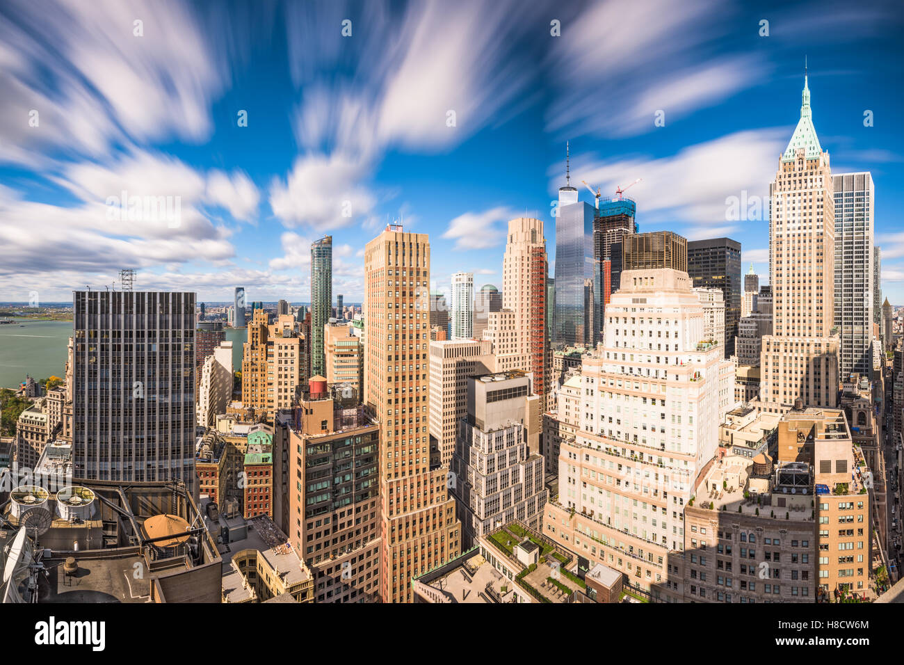 New York City Financial District cityscape at dusk. Stock Photo