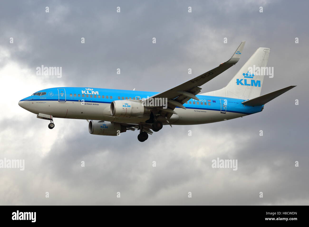 KLM Boeing 737-7K2 PH-BGO landing at London Heathrow Airport, UK Stock Photo