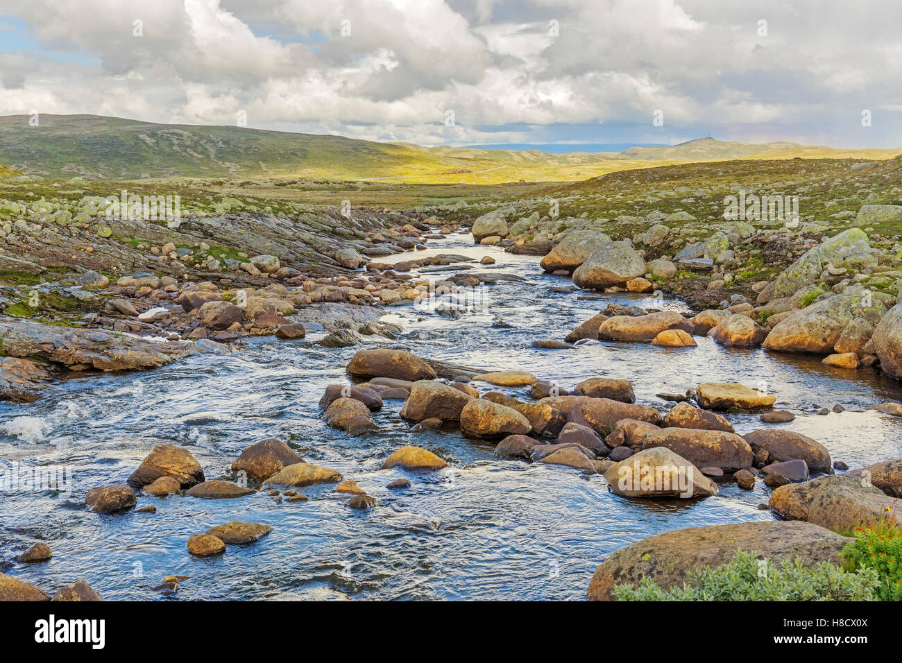 River across the Hardangervidda plateau in Hordaland, Norway Stock Photo