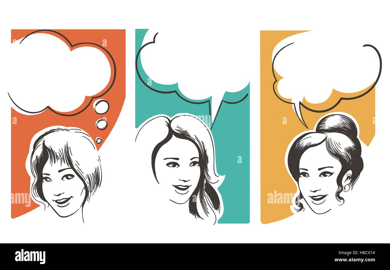 Speaking Girls with blank speech bubble drawn in retro style. Vector ...