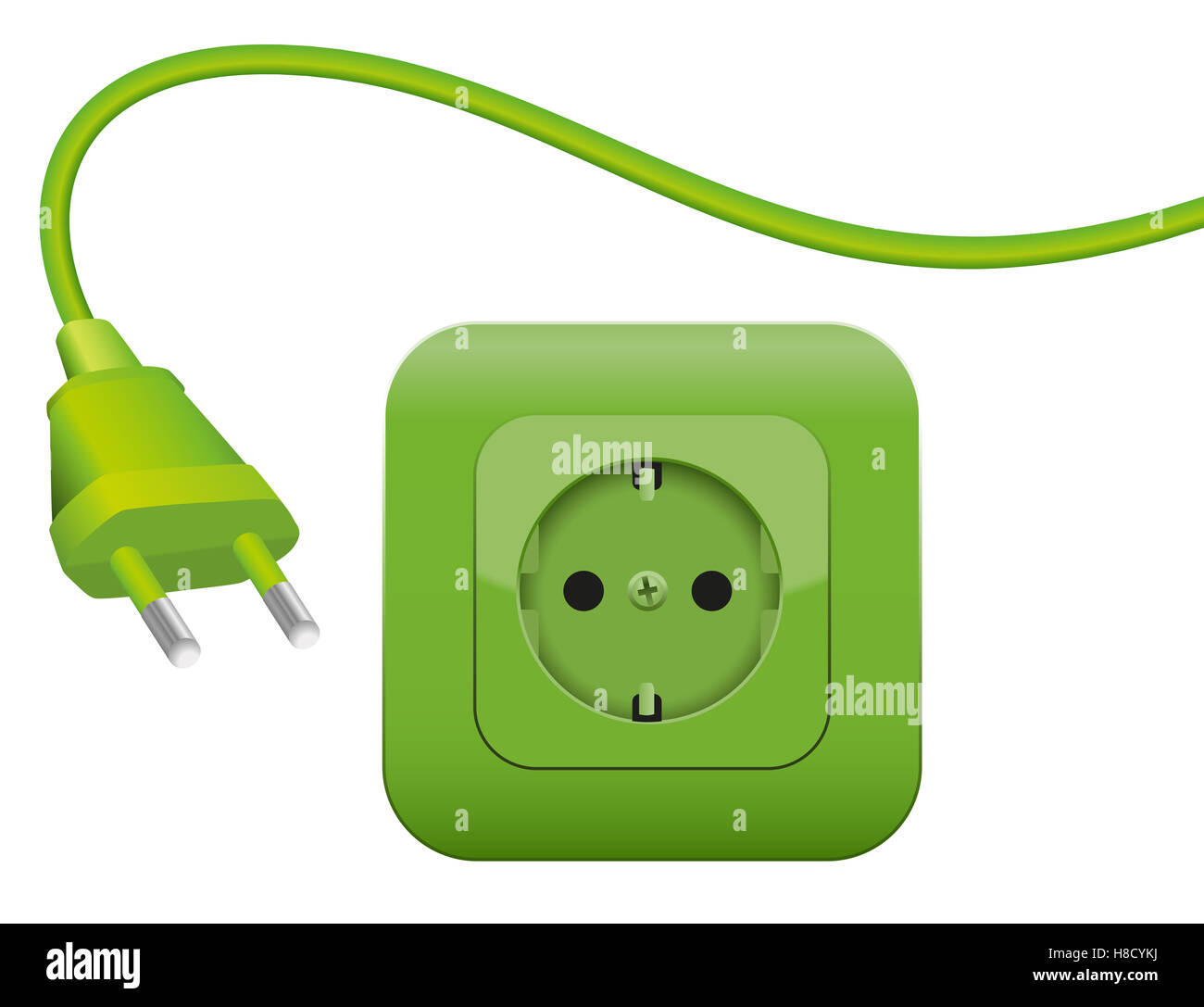 Green plug and socket - clean eco power - green energy - SCHUKO connector system. Stock Photo