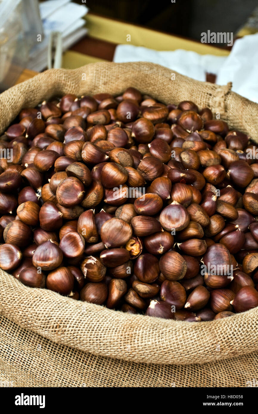 Chestnuts from Partenio, IGP product in a market in Mercogliano, Avellino, Campania, Italy, Europe Stock Photo