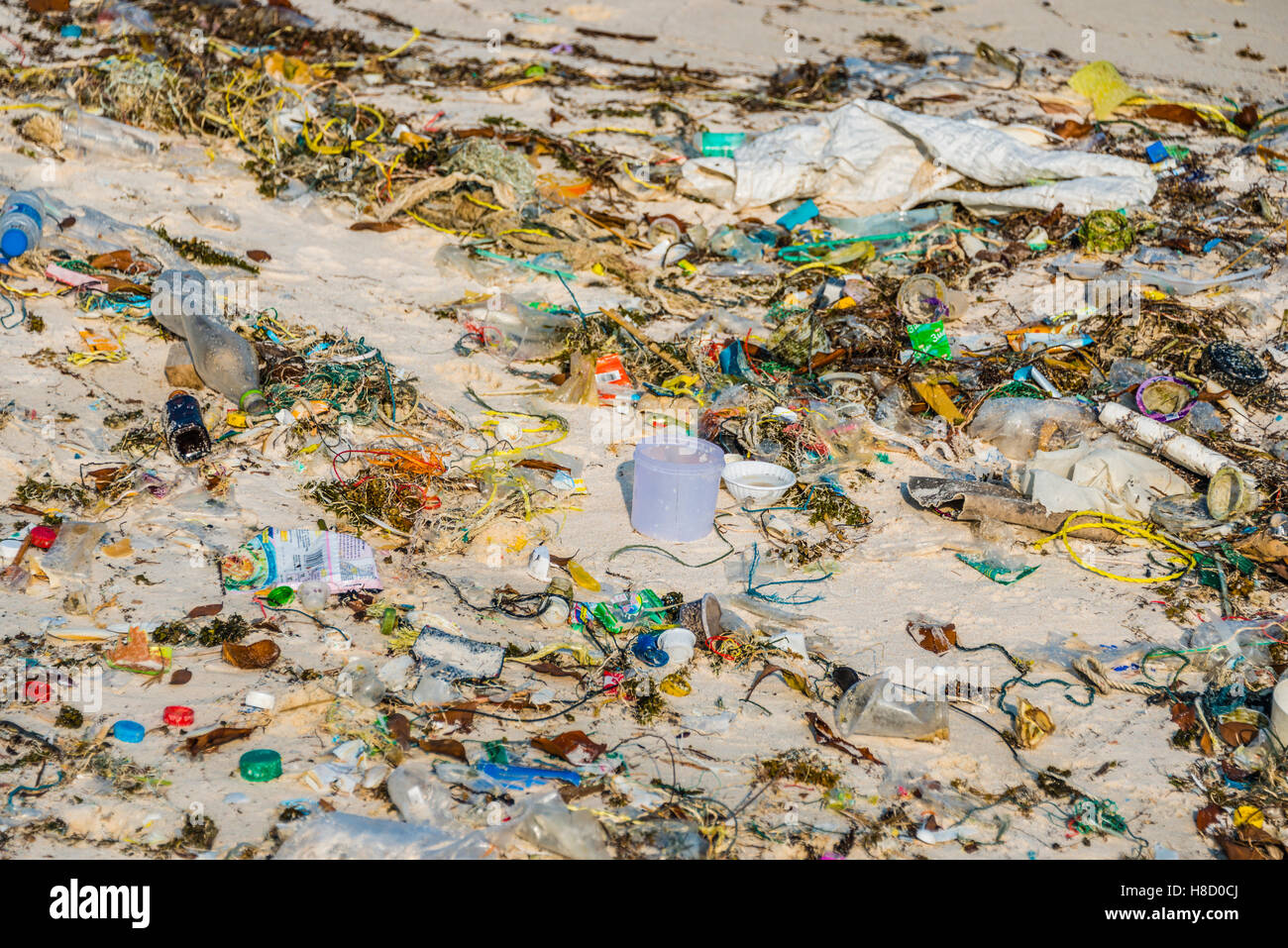 Trash strewn on Long Beach, Sok San Village, Koh Rong Island, Krong Preah Sihanouk, Sihanoukville, Cambodia Stock Photo