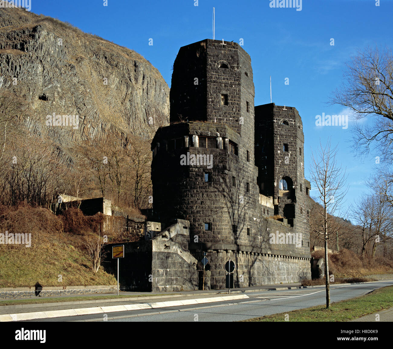 Remains of the Remagen Bridge at Erpel on eastern side of the River Rhine, Rhineland-Palatinate Stock Photo