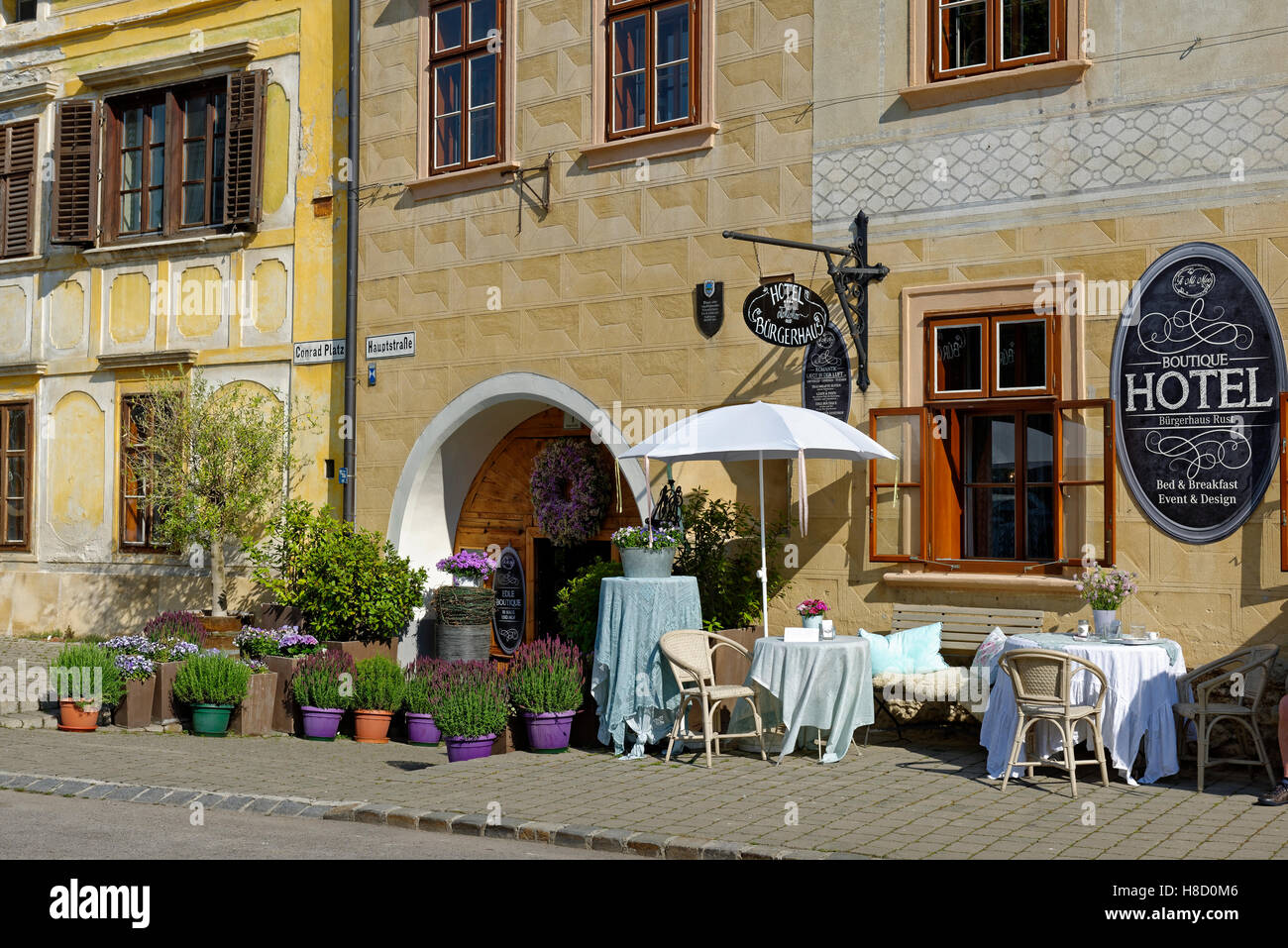 Cafe at Hotel Bürgerhaus, Rust, Lake Neusiedl, Burgenland, Austria Stock Photo