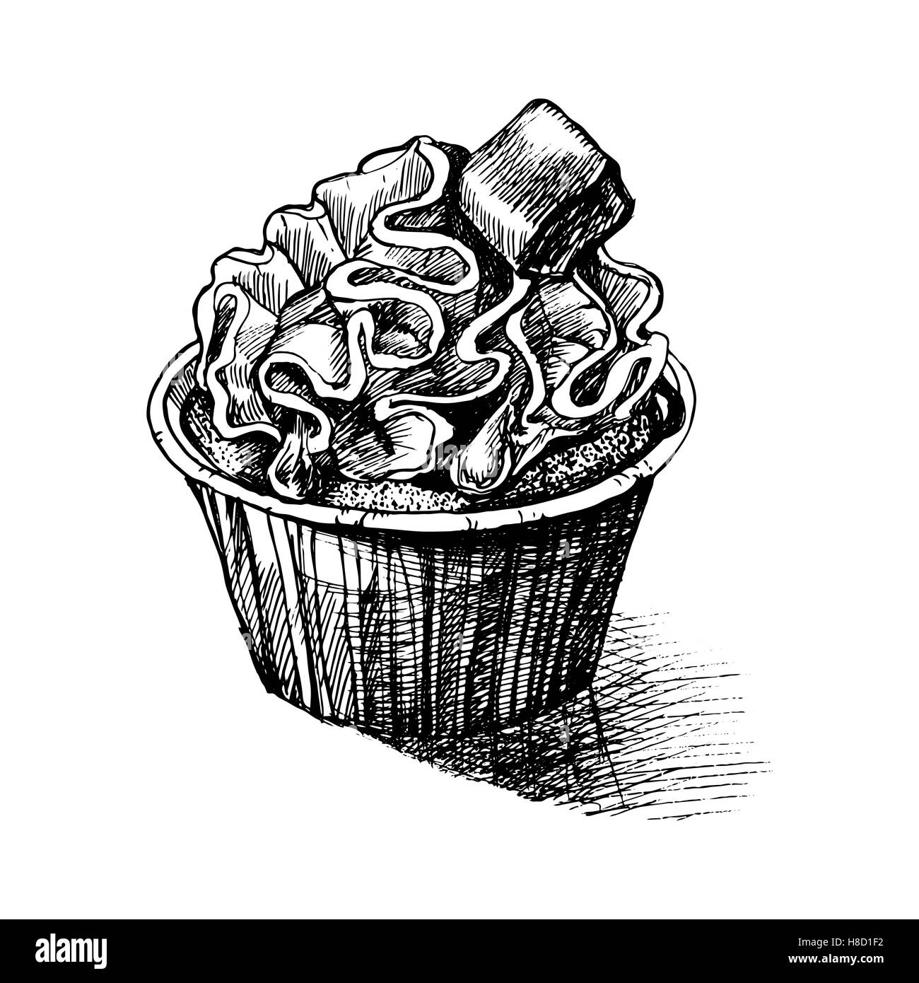Vector black and white sketch illustration of cute creamy sweet cupcake with a piece of chocolate bar. can be used for greeting  Stock Vector