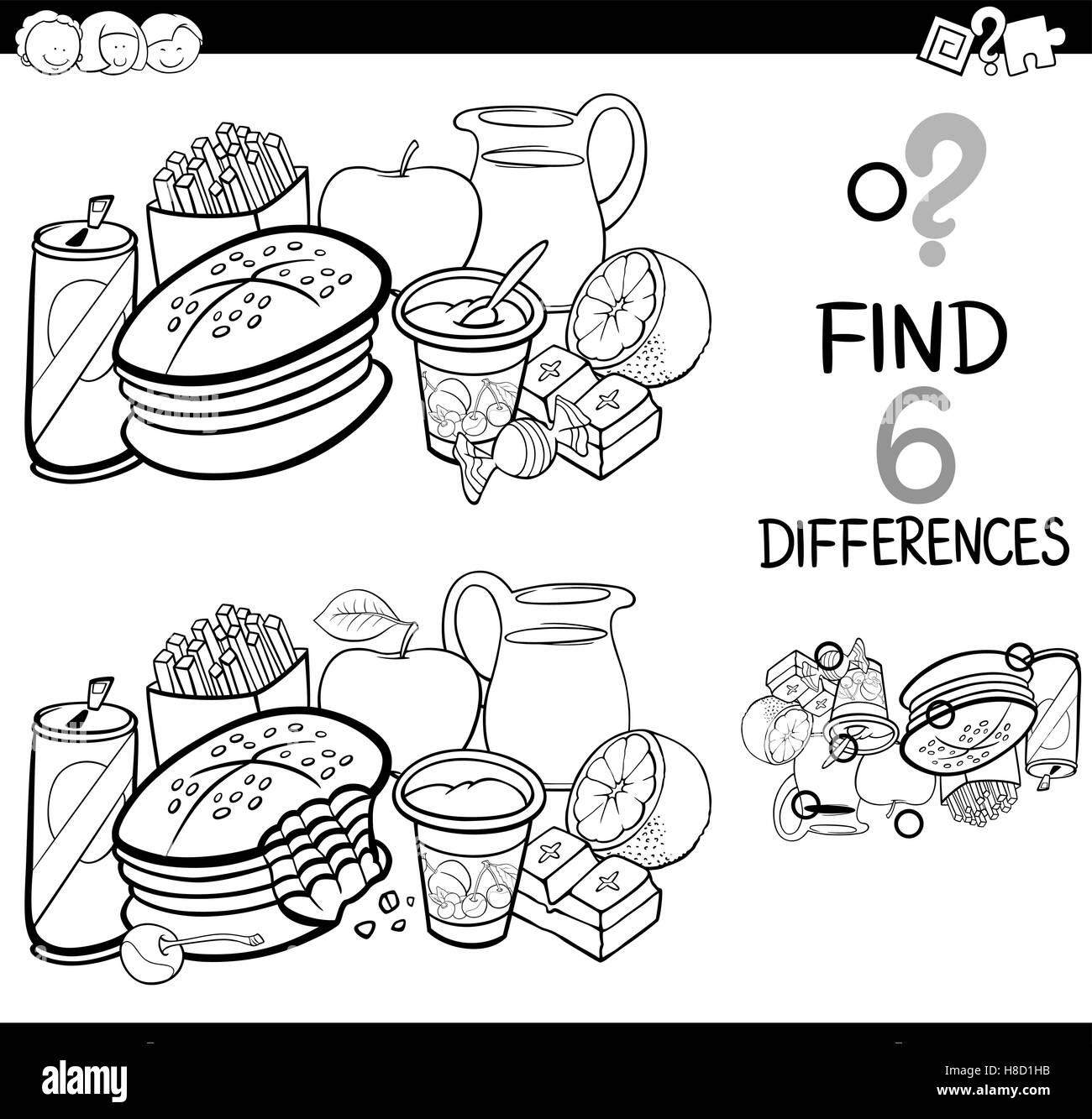 Black and White Cartoon Illustration of Finding the Difference Educational Activity for Children with Food Objects Coloring Page Stock Vector