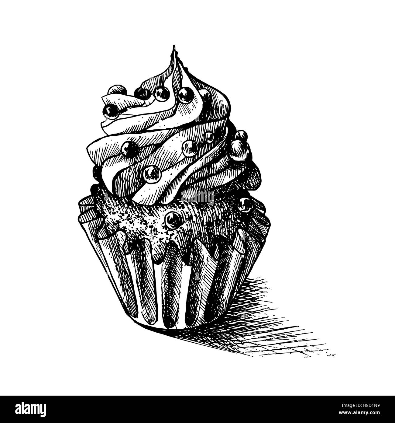 Vector black and white sketch illustration of cute creamy sweet cupcake. can be used for greeting cards or party invitations Stock Vector