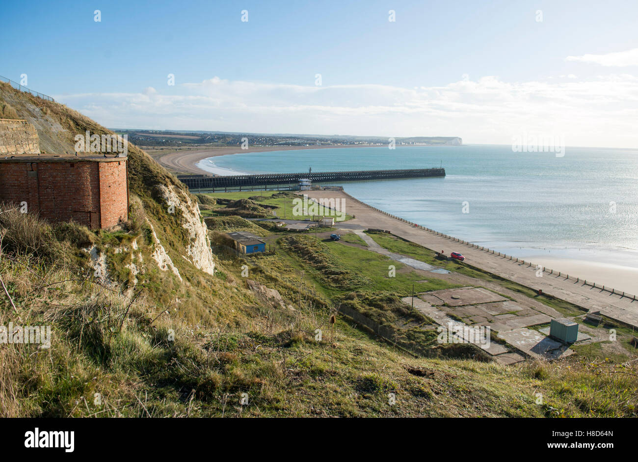 View over Newhaven harbour and beach from the Fort East Sussex UK Stock Photo