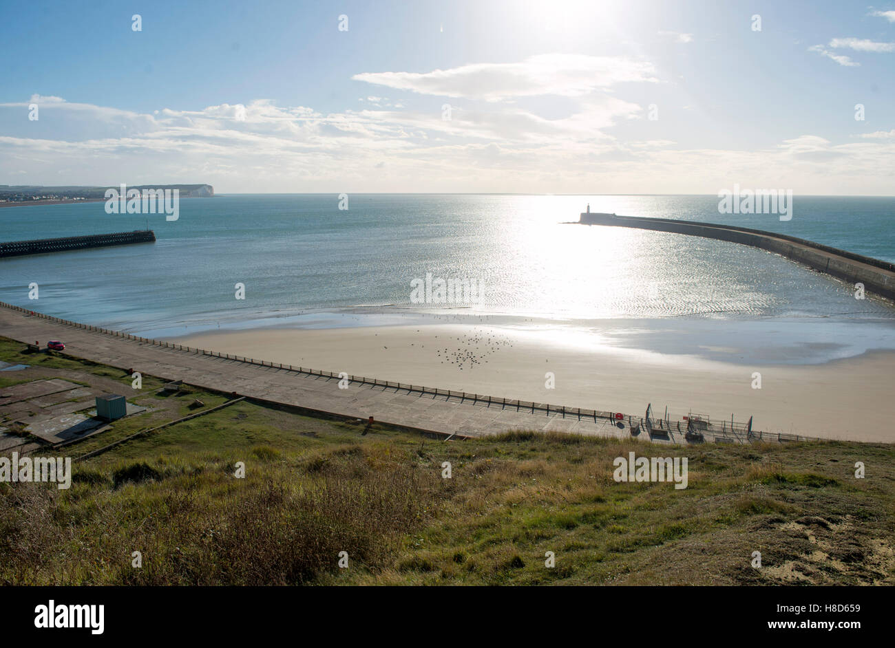 View over Newhaven harbour and beach from the Fort east Sussex UK Stock Photo